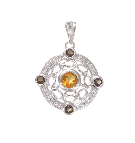 Graceful Eastern Inspired Natural Citrine and Smoky Quartz Pendant