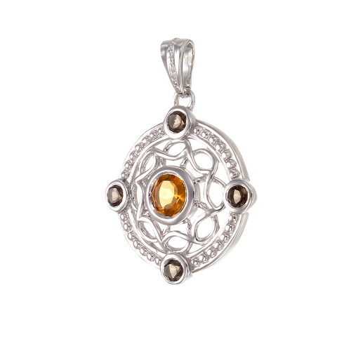 Graceful Eastern Inspired Natural Citrine and Smoky Quartz Pendant