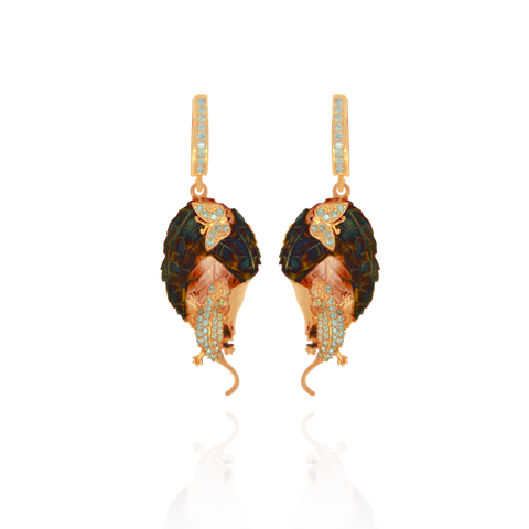 Ember Coral Imprinted leaf with Sparkling Lizard and Butterfly Earrings