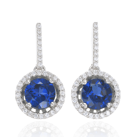 Sparkling Round Halo Blue Sapphire Earrings