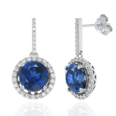 Classic Round Blue Sapphire Drop Earrings with Halo