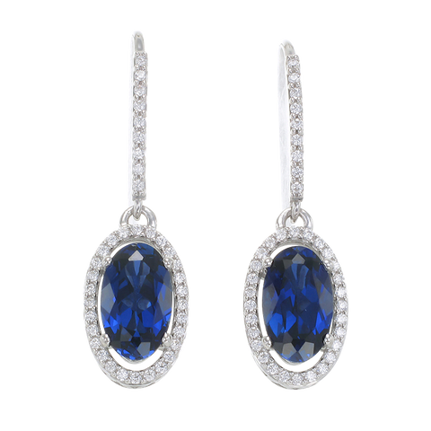 Oval Blue Sapphire Drop Earrings with Halo