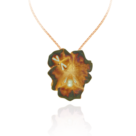 Ember Leaf with Enamel Dragonfly and Accented Pearl Pendant