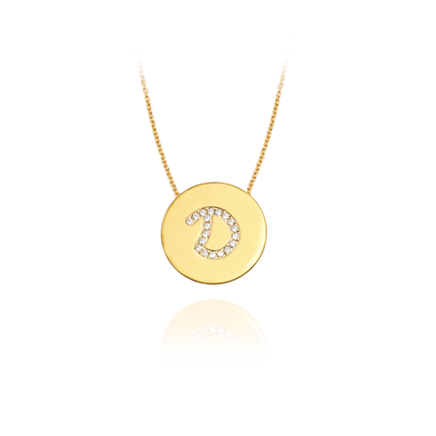 Gold Accented Scripted Initial Disc With Diamonds