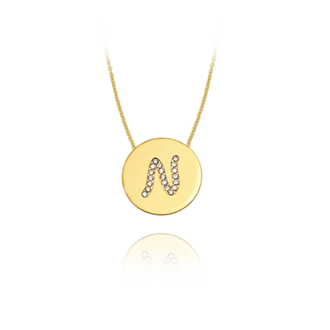 Gold Accented Scripted Initial Disc With Diamonds