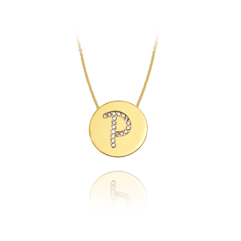 Gold Accented Scripted Initial Disc With Diamonds