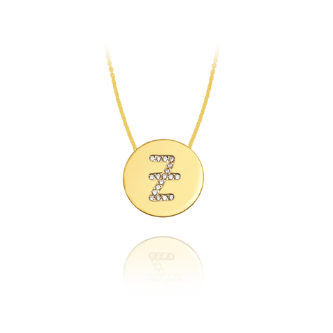 Gold Accented Scripted Initial Disc With Diamonds