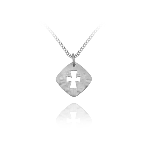 Hammered Finish Square with Cross Pendant