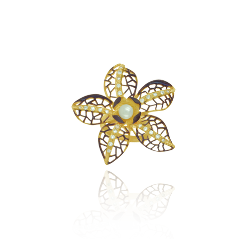 Ember Filigree Flower with Pearl Center and Sparkling Petals Ring