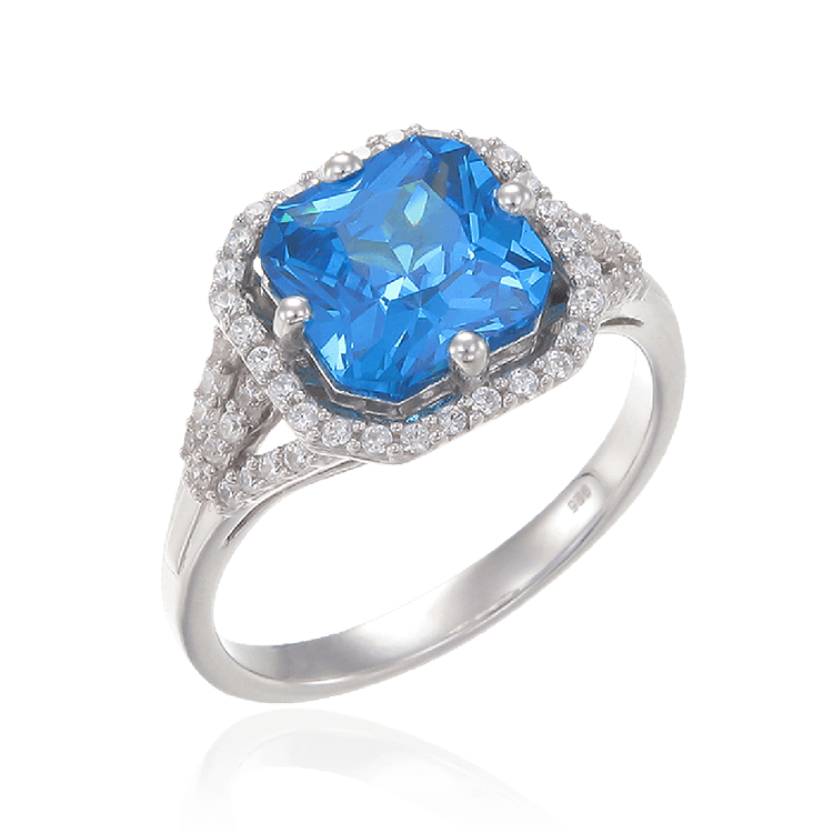 Elegant Sparkling Blue Ring with Halo