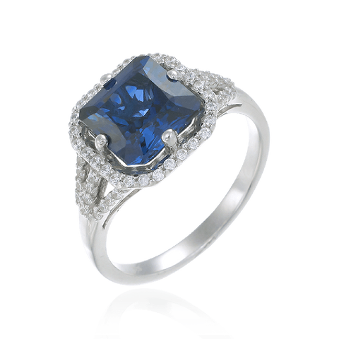 Elegant Sparkling Sapphire Blue Ring with Halo