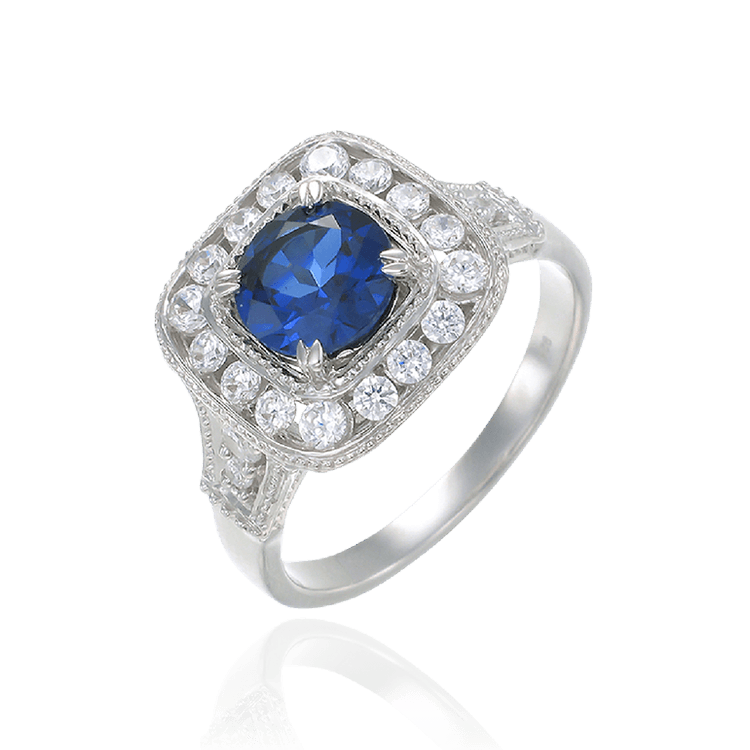 Cushion Set Sapphire Ring with Halo